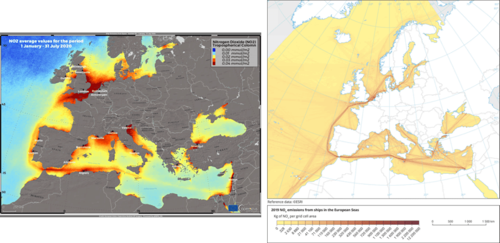 Figure 1: a) Nitrogen dioxide detection from the Copernicus Sentinel 5-P satellite [3],b) NOx emissions from shipping in European Seas [4]